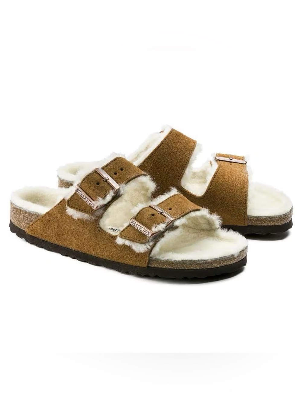 Birkenstock Arizona Shearling Sandals in Mink Brown and Cream